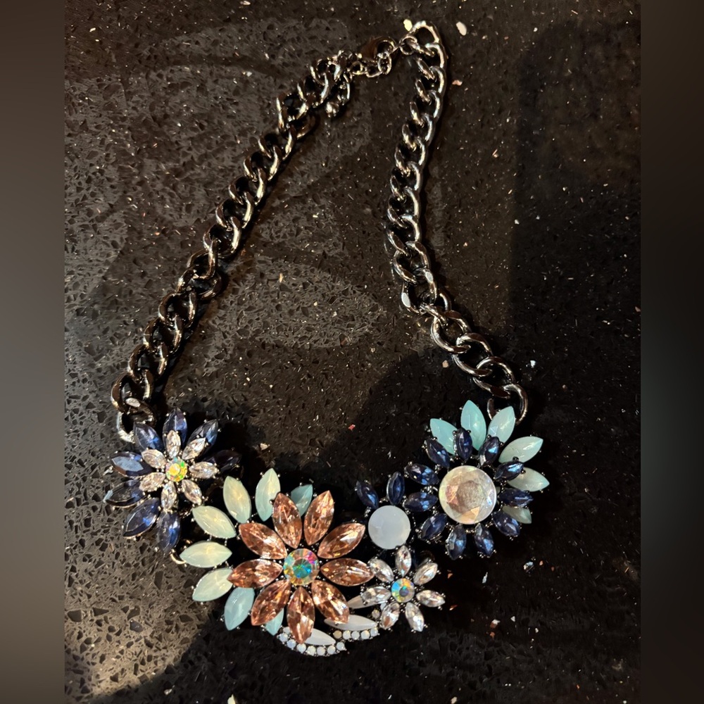 Elegant Floral Necklace with Blue and Pink Accents